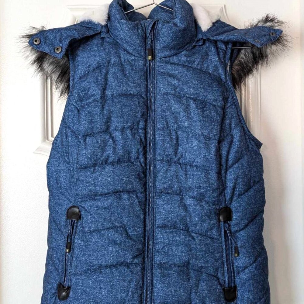 Green Tea Women's Sz MED Puffer Vest Faux Fur Removable Hood Full Zip EUC SOFT